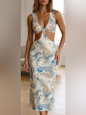 Caution To The Wind Blue and Gold Marble Dress